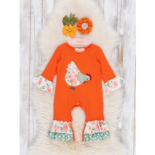Orange Ruffle Floral Chicken Romper