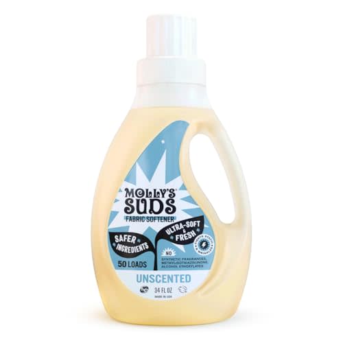 Molly’s Suds Fabric Softener Liquid for Sensitive Skin | Vinegar-Powered, Infused with Essential Oils | Fights Static, Reduces Wrinkles, Deodorizes | Unscented, 50 Loads
