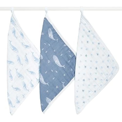 aden + anais Organic Oversized Washcloth 3-Pack, Super Soft 100% Organic Cotton Muslin, Gentle on Skin, 3 Absorbent 12x12 Layers, Softer with Every Use, Perfect for Babies, Infants, Toddlers, Oceanic