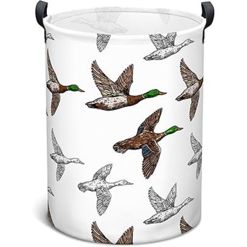 Mallard Duck Laundry Basket, Collapsible Waterproof Oxford Cloth Laundry Hamper, Funny Round Kids Toys Storage Basket as Room Decor, Cute Duck Dirty Clothes Hamper for Bedroom Bathroom (Brown)