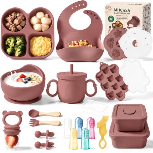 Silicone Baby Feeding Set,25pcs Baby Led Weaning Supplies,Silicone Suction Plate,Bowl,Spoons,Fork,Bib,Cup and Food Tableware,Eating Utensils For Baby