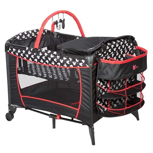 Disney Baby Sweet Wonder Playard, Foldable Baby Playpen: With Newborn Bassinet, Toy Arch, and Carry Bag, Mickey Silhouette