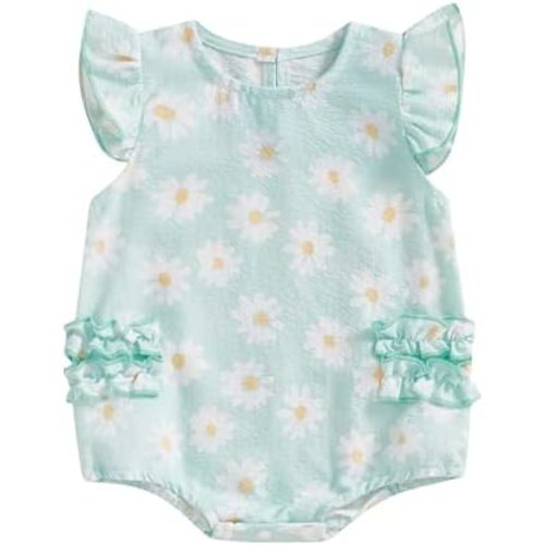 Cute Newborn Baby Girl Romper Plaid/Daisy Print Fly Sleeve Crew Neck Ruffle Bodysuit Spring Summer Clothes