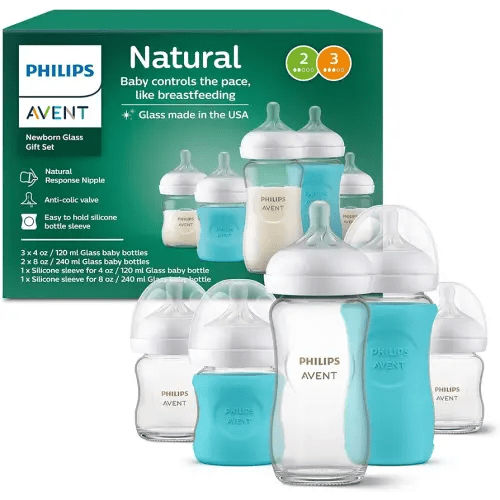 Philips Avent Natural Newborn Glass Gift Set, Baby Bottles with Natural Response Nipples, 3x 4oz (Slow Flow, Flow 2) and 2x 8oz (Medium Flow, Flow 3), 2x Silicone Sleeves, SCD858/01
