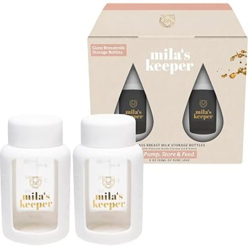 Mila's Keeper Glass Breast Milk Storage Bottles | for Pumping, Storing and Feeding | Fits Leading Pumps | 150 ml Standard Neck Baby Bottles | Aspen White | Set of 2