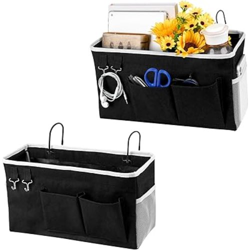 Loghot Bedside Caddy/Bedside Storage Bag Hanging Organizer for Bunk and Hospital Beds,Dorm Rooms Bed Rails,Can be Placed Glasses,Books,Mobile Phones,Keys (2pc Black)