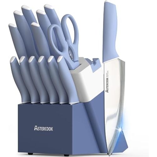 Astercook Kitchen Knife Set with Block and Sharpener 15 Piece German High Carbon Stainless Steel Knives Sharp Blade Dishwasher Safe Deba Knives with Ergonomic Handle, Delicate Blue