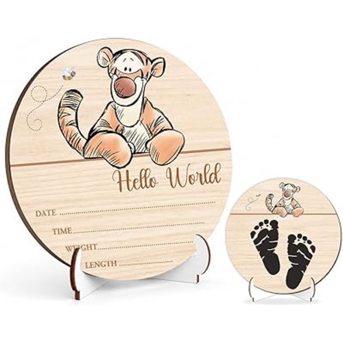 Winnie Tiger Baby Wooden Newborn Birth Sign, Hello World Newborn Signs, The Pooh Tiger Baby Name Sign, Babies Announcement Signs Photography Prop, Double Sided Hello World for New Mom