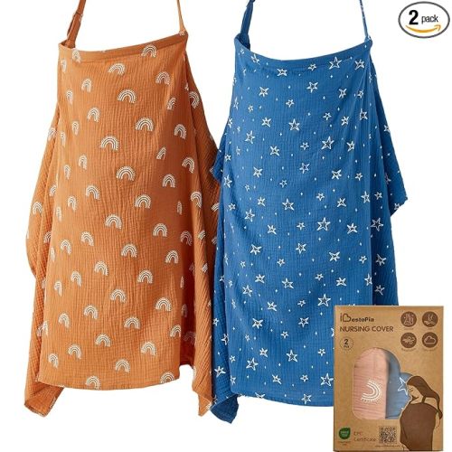 2 Pack Nursing Covers for Breastfeeding, 100% Cotton Muslin, Lightweight & Breathable, Full Coverage with Adjustable Strap (Starry Rainbow Gradient)