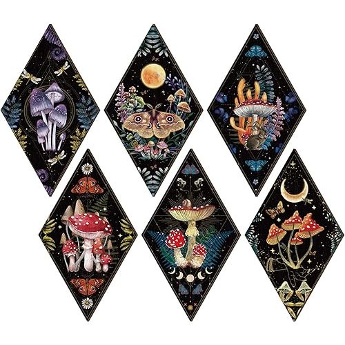 Sintuff 6 Pieces Gothic Wall Decor Boho Sun Moon Phases Wall Art Gothic Minimalist Stars Sun Hanging Wooden Home Decor Farmhouse Pediments for Gallery Living Bedroom Room(Mushroom)