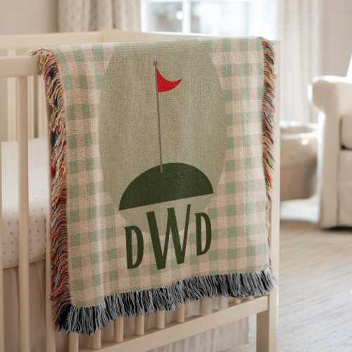 Golf Baby Blanket Nursery Decor Custom Design Golf Theme Baby Gift Wrap Idea Nursery Essential Cotton Material Fringe Detail Green Accent