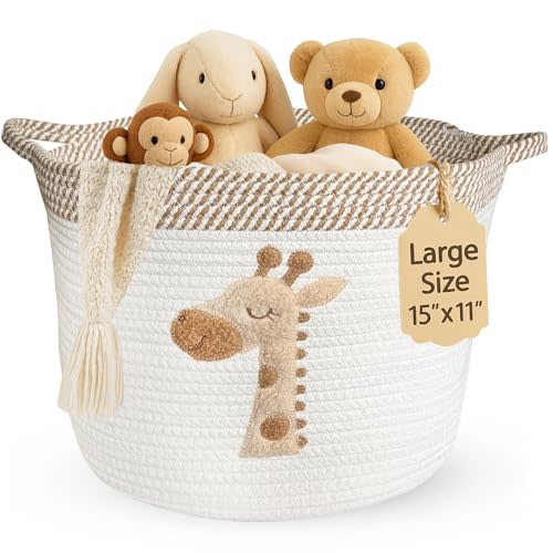 Giraffe Storage Basket for Nursery – Large 15”x11” Cotton Rope Bin with Soft Felt Animal Patch – Toy Organizer, Baby Laundry Hamper, Diaper & Towel Holder – Foldable, Washable & Baby-Safe
