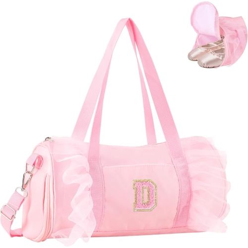 Personalized Initial Dance Bag for Girls 6-9, Medium Lace Gym Sport Yoga Cheer Dance Bags Gift for Teen Girls, Cute Letter Kids Ballet Bag Toddler Travel Duffel Tote with Adjustable Straps(Pink-D)