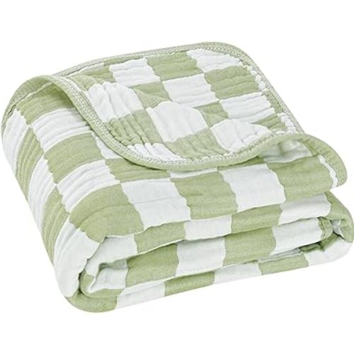 6-Layer Muslin Baby Blanket Made with Organic Cotton - Classic Neutral Checkered, Swaddle & Crib Quilt, 43”x43”, Warm Sage Green Checkered