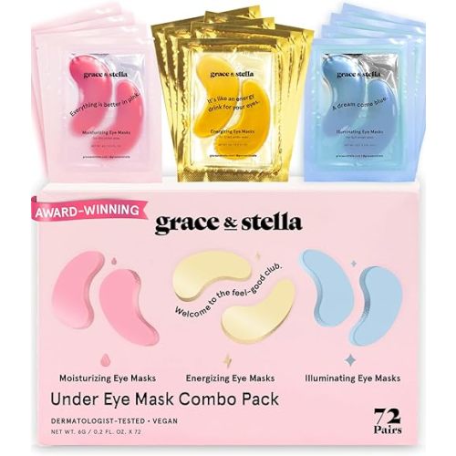 grace & stella Under Eye Mask - Reduce Dark Circles, Puffy Eyes, Undereye Bags, Wrinkles - Gel Under Eye Patches, Vegan Cruelty-Free Self Care (72 Pairs, GoldPinkBlue)