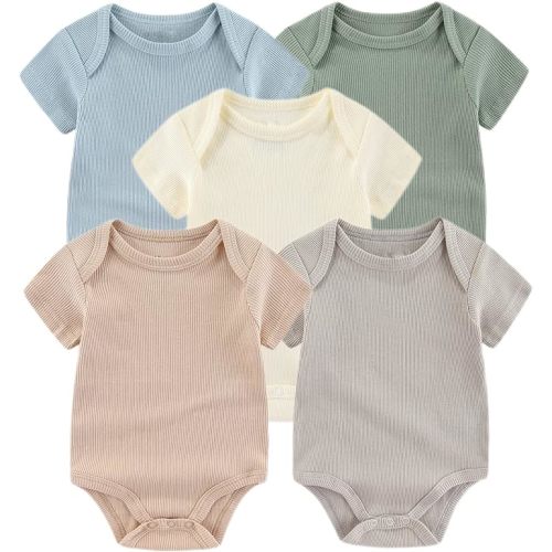 Chamie Newborn Boy Girl Bodysuit Infant Short Sleeve Jumpsuit Solid Ribbed Romper Outfits