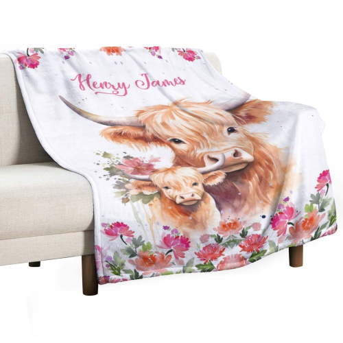 Personalized Highland Cow Baby Blanket Custom Monogrammed Receiving Blankets for Newborns Kids Unique Nursery Gift