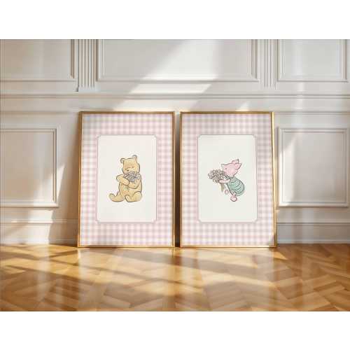 Vintage Winnie the Pooh Nursery Wall Art, Printable Playroom Decor, Pink Baby Girl Digital Nursery Decor, Vintage Playroom Wall Art