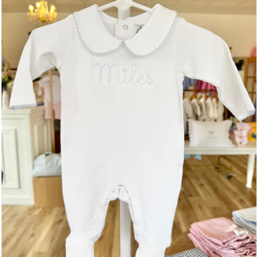White with Blue Trim Collar Footie – Little Stitches & Co.