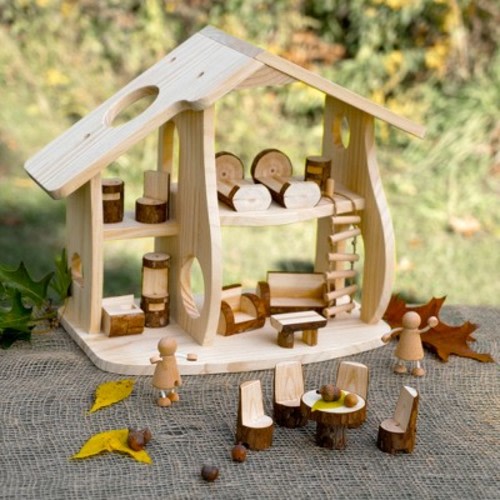 Guidecraft Woodlands Natural Wooden Multi-floor Dollhouse Set with Furniture - Kids Educational Toy Play House