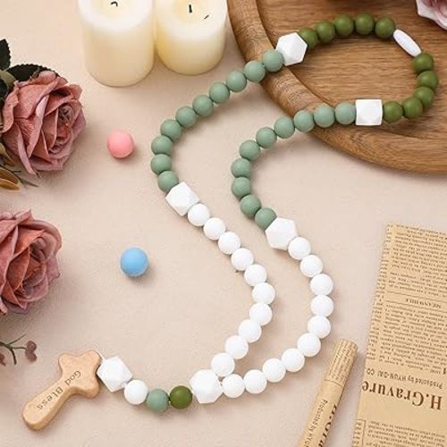 Misdary Baby Rosary Baptism Gift Silicone God Bless Kids First Rosary with Cross 1st Year Baptism Party Supply for Baby Shower Christian Communion Gifts(Green,Square)