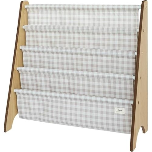 3 Sprouts Kids Bookshelf with Recycled Fabric - 4-Tier Sling Storage for Kids Rooms Holds 35 Titles - Toddler Organizer for Ages 3+ - Gingham Beige