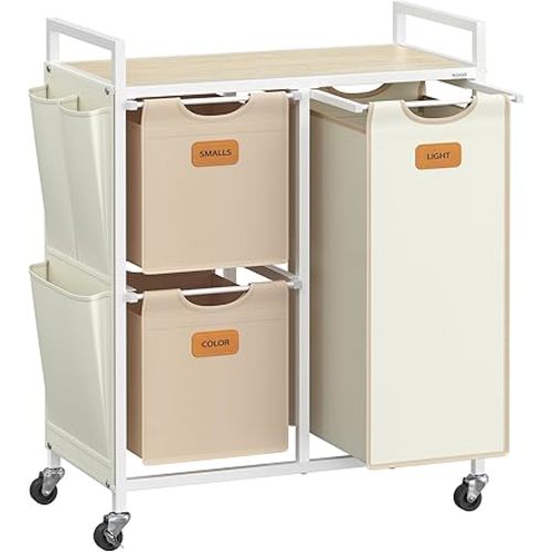 VASAGLE Laundry Hamper with 3 Compartments, 26.4 Gal. (100 L) Laundry Sorter, Rolling Laundry Cart with Shelves, Small Side Pockets, 6 Labels, Natural Beige, Camel Brown and Cream White UBLH202N01