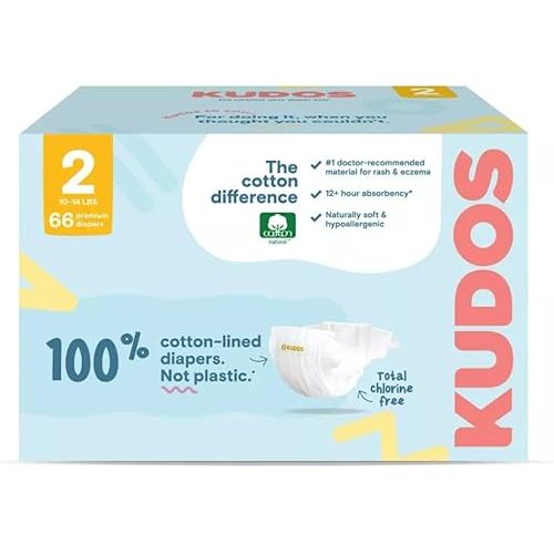 Kudos Chlorine Free Premium Diapers - 100% Cotton-Lined, Size-2, 10-14 lbs, 66Count
