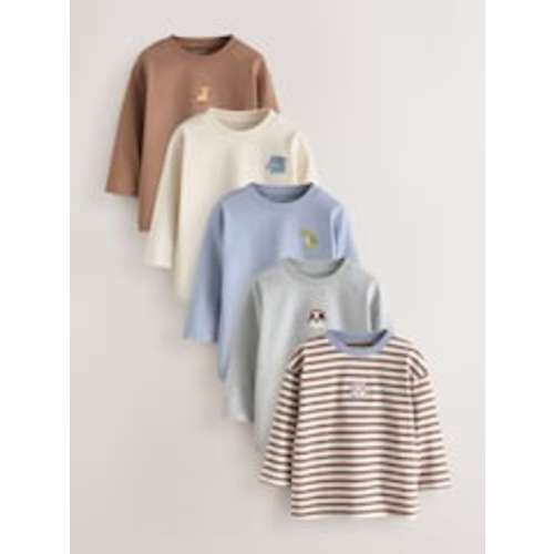Brown/Cream Animal Embroidery Long Sleeve T-Shirts 5 Pack