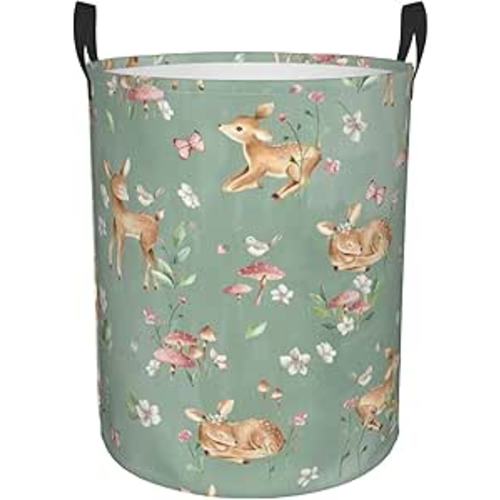 62L Round Laundry Hamper Cute Deers Storage Basket Waterproof Coating Woodland Forest Animals Butterflies And Flowers Organizer Bin For Nursery Clothes Toys
