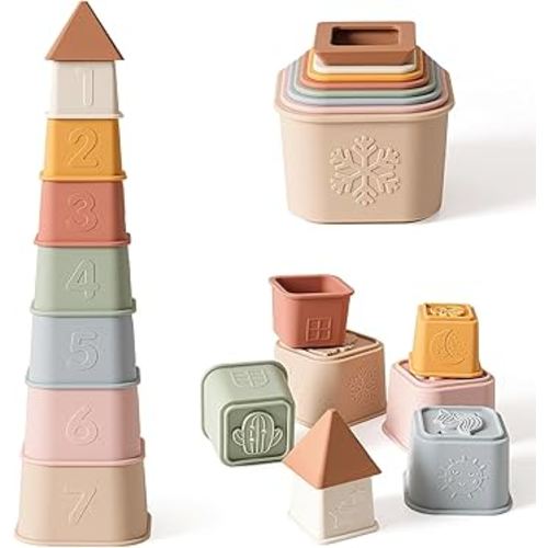 Baby Stacking Cups Toy, Silicone Stacking Tower Educational Baby Toys 6M+, Soft Teething Building Blocks 8 Pcs, BPA Free Sensory Infant Toy, Bath & Beach Toys, Vintage Neutral Colors-Gentle