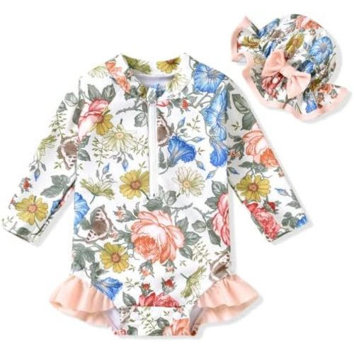 Aalizzwell Baby Girls Long Sleeve One Piece Swimsuit with Hat