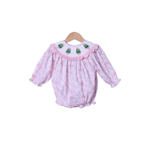 Smocked Christmas Tree Pink Floral Pearl Scalloped Bubble