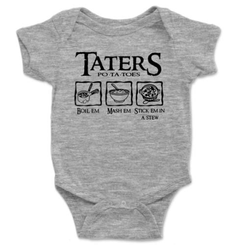 Taters Onesie® - Boil Em Mash Em Stick Em In A Stew - 100% Cotton - Available in White, Heather Gray or Pink (0-3 Month, Heather Gray)