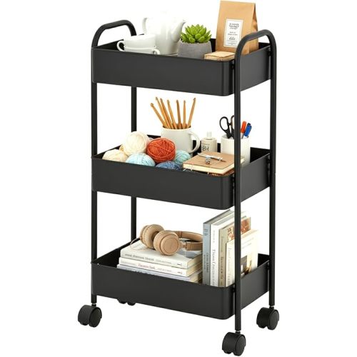 Displays By Jack 3-Tier Rolling Storage Cart, Metal Utility Organizer on Wheels – Deep Mesh Baskets for Kitchen, Pantry, Laundry, Bathroom, Home