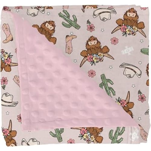 Highland Cows Cactus Baby Blankets for Girl Boy Pink Western Cowgirl Boots Hats Yak Floral Soft Mink Dotted Backing Double Layer Swaddle Blanket for Toddler Nursery Crib Wild West Bed Blanket 30x40