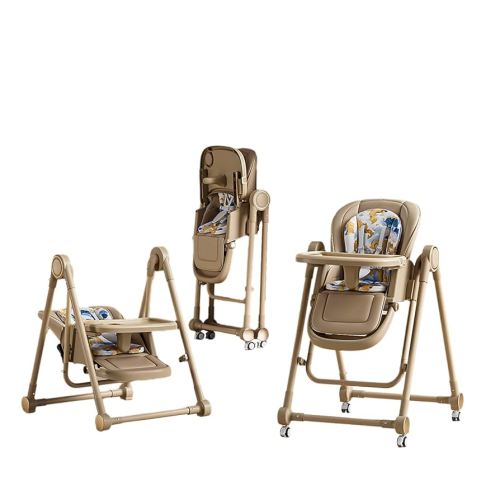 Multi Functional All in 1 Baby High Chair Reclining Foldable Rocking 8 Level Height Adjustment Eco Friendly Washable PU Cushion Ultimate Baby Feeding Chair (Brown)