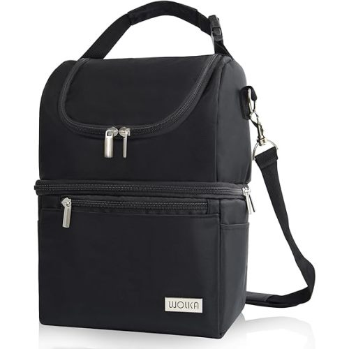 Wolka Bolsa enfriadora de leche materna, bolsa enfriadora para madres lactantes, multifunción, bolsa térmica con aislamiento para biberones con compartimentos dobles, se adapta a 6 biberones de hasta 9 onzas, color negro