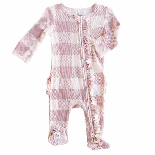 Big Check Bamboo Waffle Zipper Ruffle Footie | Rosy