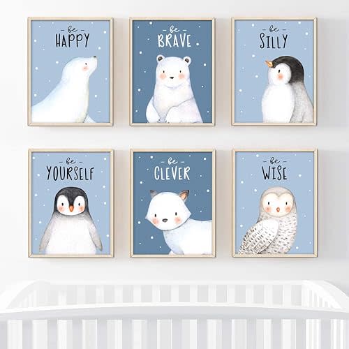 Andaz Press Nursery Kids Room Arctic Animals Winter Blues Unframed Wall Art Poster Home Decor Gift, 8.5x11-inch, Be Brave Kind Silly Wise, Penguin, Owl, Winter Fox, Bear, Seal, 6-Pack, No Frames