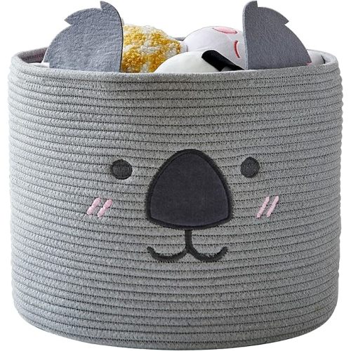 Animal Koala Basket, Cute Cotton Rope Woven Large Blanket Basket, Toy Storage for Nursery decor and Laundry Organizer with Handles, baby hamper shower gift, 15"D x 12.6"H, Grey