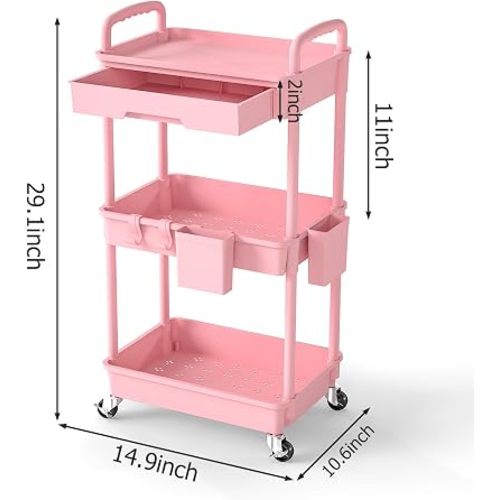 3 Tier Rolling Utility Cart with Drawer, Plastic Storage Organizer Rolling Carts with Wheels Handles Hanging Cups Hooks for Office, Bathroom, Kitchen,Craft Art Room (Pink)