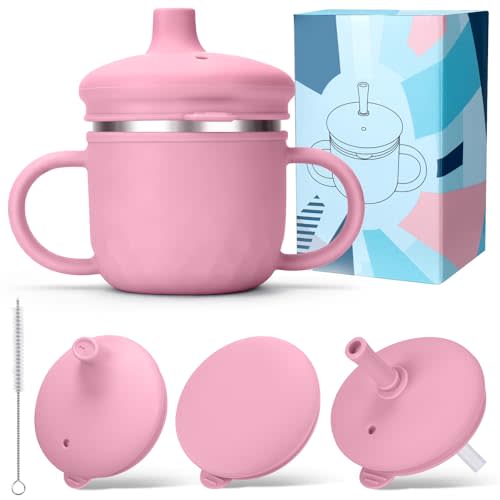 BUSOHA Stainless Steel Toddler Sippy Cup – 8oz Spill-Proof Straw Cup for 6+ Month Babies & Toddlers, 3-in-1 Reusable Travel Cup with Brush – Dishwasher Safe, Kids Drinking Cup, Pink