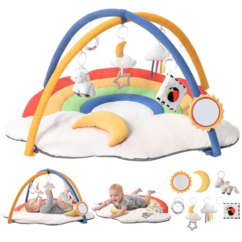 Baby Gym Play Mat with 6 Detachable Toys, Tummy Time Mat for Floor, Promote Motor Skills & Sensory Development Mat for Infant, Washable Baby Activity Mat, Easy to Install, Baby Essentials Gift-Rainbow