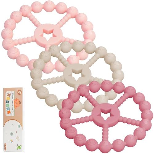 Baby Teething Toys 3-12 Months - Loviomad 3 Pack Ring Teether Baby Toys, Newborn Infant Essentials, Food Grade Silicone Teething Toys for Babies 6-12 Months, Shower Gifts Teething Relief (Girl/Boy)
