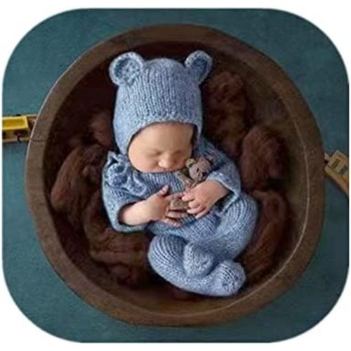Newborn Photography Props Boys Girls Outfits Mohair Bear Hat Bonnet & Footed Romper Bodysuit Photoshoot Costume Set