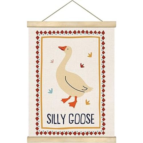 You found a duck Silly Goose Boho Linen Canvas Wall Art with Wooden Hanger – Whimsical Animal Poster for Playroom, Kids Room & Nursery, 14×18.5 Inch – Best Festival Gift for Friends & Children(LYK05)