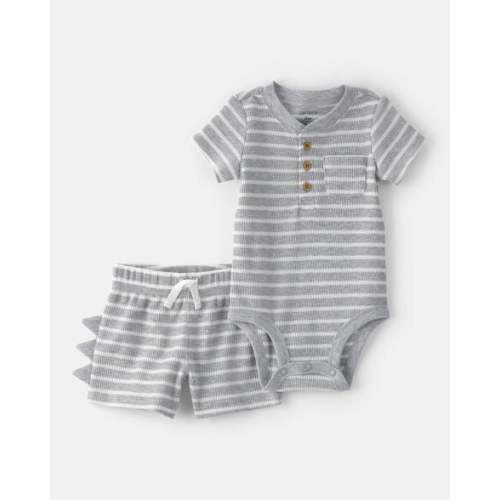 Baby Boy 2-Piece Dino Spikes Waffle-Knit Short-Sleeve Bodysuit & Short Set - Grey | Carter's