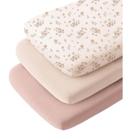 Konssy 3 Pack Muslin Bassinet Sheets for Baby Girls Boys, 33"x21"