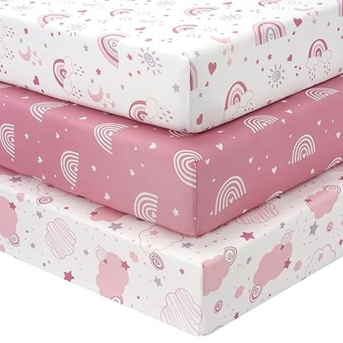 Baby Crib Sheets Girl, 3 Pack Toddler Bed Sheets Fitted for 52”x28” Standard Crib and Toddler Mattresses, Super Soft Microfiber Pink Rainbow